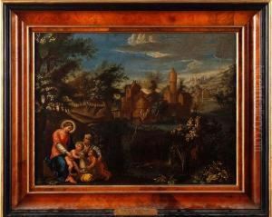 Mary And Christ With Elizabeth And St John Thebaptist Before A Castellated House In A Pastoral Landscape by Eglon Hendrick Van Der Neer