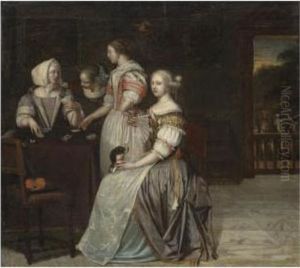 An Interior With A Company Of Elegant Ladies Playing Cards, A Balustrade With A Landscape Beyond by Eglon Hendrick Van Der Neer
