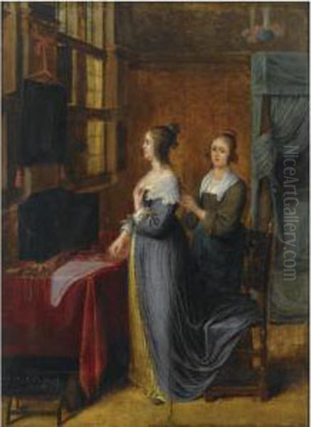 An Elegant Lady And Her Maid Standing In Front Of A Dressing Table In An Interior - view 1