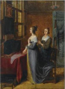 An Elegant Lady And Her Maid Standing In Front Of A Dressing Table In An Interior by Eglon Hendrick Van Der Neer