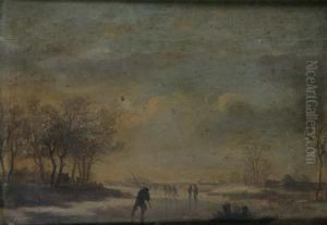Figures Skating On A Frozen Lake; Travellers And Shepherd With Flock In A Pastoral Landscape Oil On Panel, A Pair, 21 X 29cm Each by Johannes Van Der Neer