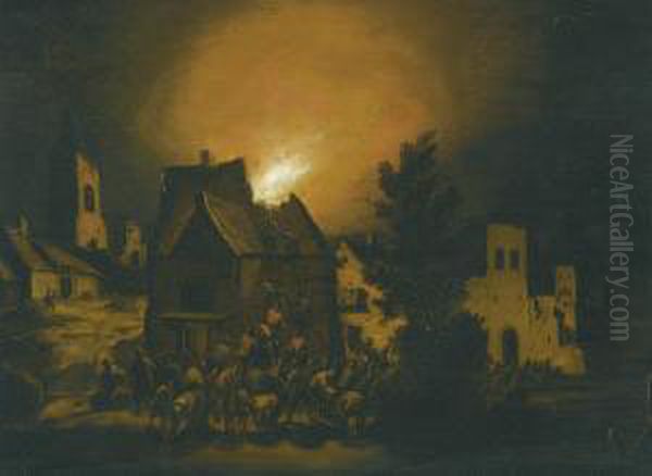 Peasants Putting Out A Village Fire At Night - view 1