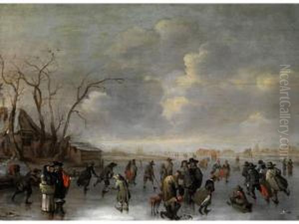 Winterlandschaft Mit Schlittschuhlaufernund Eisschlitten Auf Gefrorenem Fluss - view 1