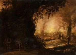 Veduta Notturna Di Citta Fortificata In Fiamme