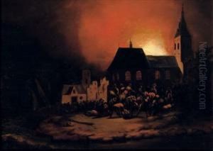 A Burning Village At Night by Adriaen Lievensz van der Poel