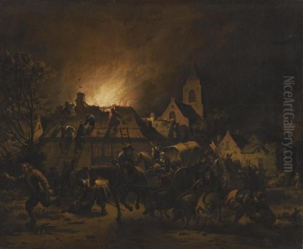 A Night Scene With A Fire In A Village - view 1