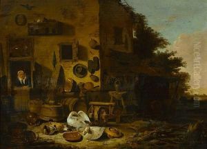 A Kitchen Maid At The Doorway Of A Farmhouse With Ducks And Geese In The Foreground by Egbert van der Poel