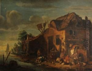Two Figures Before A Farmhouse by Egbert van der Poel