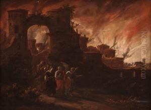 Lot Und Seine Tochter Fliehen Aus Dem Brennenden Sodom by Egbert van der Poel