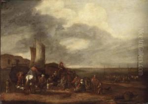 A Beach View With Fishermen Unloading Their Catch