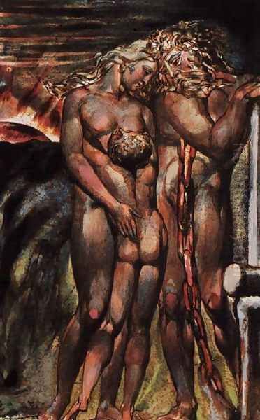 The First Book Of Urizen- Los at the forge with Enitharmon and Orc, showing Los' jealousy of Orc, his child, resulting in the tightening of the girdle around his neck, 1794 by William Blake