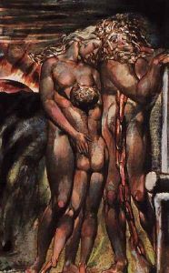 The First Book Of Urizen- Los at the forge with Enitharmon and Orc, showing Los' jealousy of Orc, his child, resulting in the tightening of the girdle around his neck, 1794 by William Blake