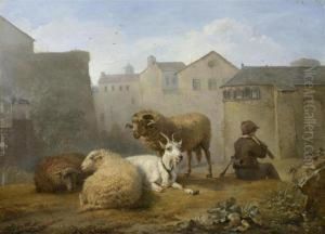 Shepherd With His Sheep Playing Music, Set Before A Town by Hendrik Josef Fr. Van Der Poorten