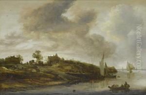A River Landscape With A Ferry Approaching The Banks