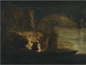Figures Around A Fire On A River Bank Beneath A City Fortificationat Night by Cornelis Symonsz. Van Der Schalcke
