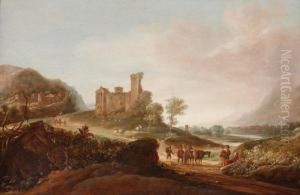 A Mountainouslandscape With Travellers In A Lane, In The Background A Castle Anda Village At The Horizon