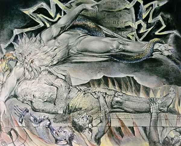Illustrations of the Book of Job- Job's Evil Dreams, showing Job's God, who has become Satan with cloven hoof and entwined by a serpent 1825 - view 1