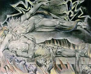 Illustrations of the Book of Job- Job's Evil Dreams, showing Job's God, who has become Satan with cloven hoof and entwined by a serpent 1825 by William Blake
