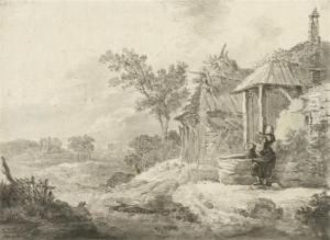 Old Farm With Peasant Girl At A Well by Jakob Van Der Smissen