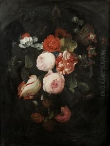 A Garland Of Tulips, Roses, Poppies And Other Flowers In A Niche by Adriaen Van Der Spelt