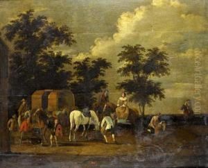 An Elegant Company Feeding Their Horses Beside A Stable by Jan Jacobsz. Van Der Stoffe