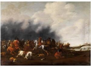 Reitergefecht An Einem Flusslauf Mitbogenbrucke by Jan Jacobsz. Van Der Stoffe