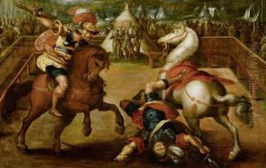 Giovanni De' Medici In Combat On Horseback by Jan van der Straet
