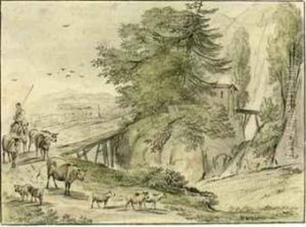 Herdsmen Crossing A Bridge In A Rocky Landscape - view 1