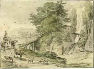 Herdsmen Crossing A Bridge In A Rocky Landscape by Hendrick Van Der Straaten