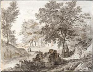Two Figures Conversing By A House On A Tree-lined Road by Hendrick Van Der Straaten