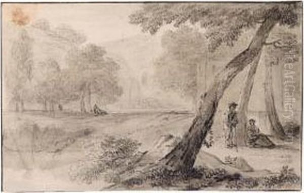 Arcadian Landscape With A Couple Resting By A Tree, Ruins And A Waterfall Behind - view 1
