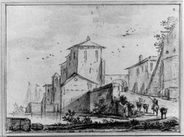 A Shepherd And His Cattle On A Road Leading To The Gate Of A Townby A River; And A View Of A Town Along A River With Figures In Theforeground - view 1