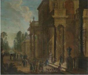 A Capriccio Of A Palace Exterior With Figures Conversing In The Foreground by Jan Baptist Van Der Straeten