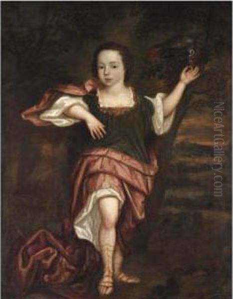 Portrait Of A Boy, Full Length, Dressed In Classical Robes, Feeding A Parrot - view 1