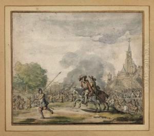 Cavalry And Infantry Marching Past A Fortified Town