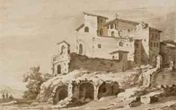 An Italianate Landscape With Ruins Below A Monastery by Jacob Van Der Ulft