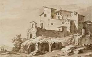 An Italianate Landscape With Ruins Below A Monastery