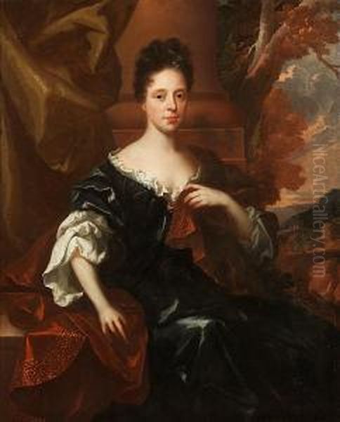 Portrait Of A Young Woman Wearing A Dark Bluedress And Russet Shawl, Seated By A Column In A Landscape - view 1