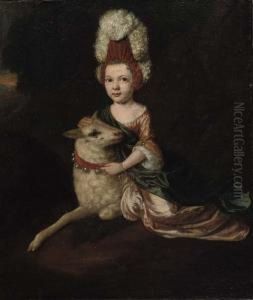 Portrait Of A Girl, Full-length, In A Pink Dress, Seated By A Sheep by Jan van der Vaart