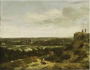 An Extensive Dune Landscape With A Woman Resting In The Foreground, And A View Of A Village Beyond