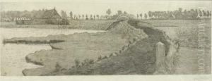 A Landscape With Farmhouses Along A River by Maurits Van Der Valk