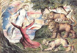 Inferno, Canto I, 1-90 Dante running from three beasts is rescued by Virgil by William Blake