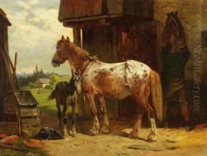 Stute Mit Fohlen Im Hof by Adolf van der Venne