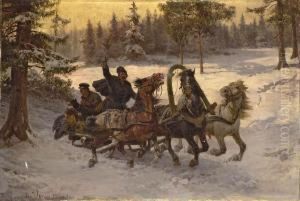 Troika Im Winterlicher Waldlandschaft by Fritz van der Venne