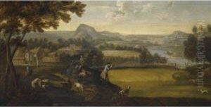 An Extensive Landscape With Figures And A Gentleman Shootingover Pointers by Jan Vincentz Van Der Vinne