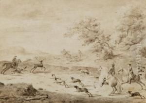 Waldlandschaft Mit Reitern Bei Der Hirschjagd