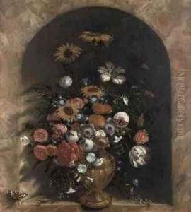 Sunflowers, Roses, Tulips And Other Flowers In A Guilded Vase In Atrompe-l'oeil Marble Niche