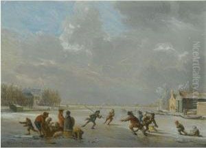 Winter Landscape With Skaters On A Frozen Lake by Vincent Jansz. Van Der Vinne