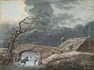 Winter Landscape With Skaters On A Frozen Canal by Vincent Jansz. Van Der Vinne