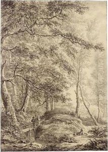 Peasants Crossing A Bridge At The Edge Of A Dense Wood, With Others Resting Nearby